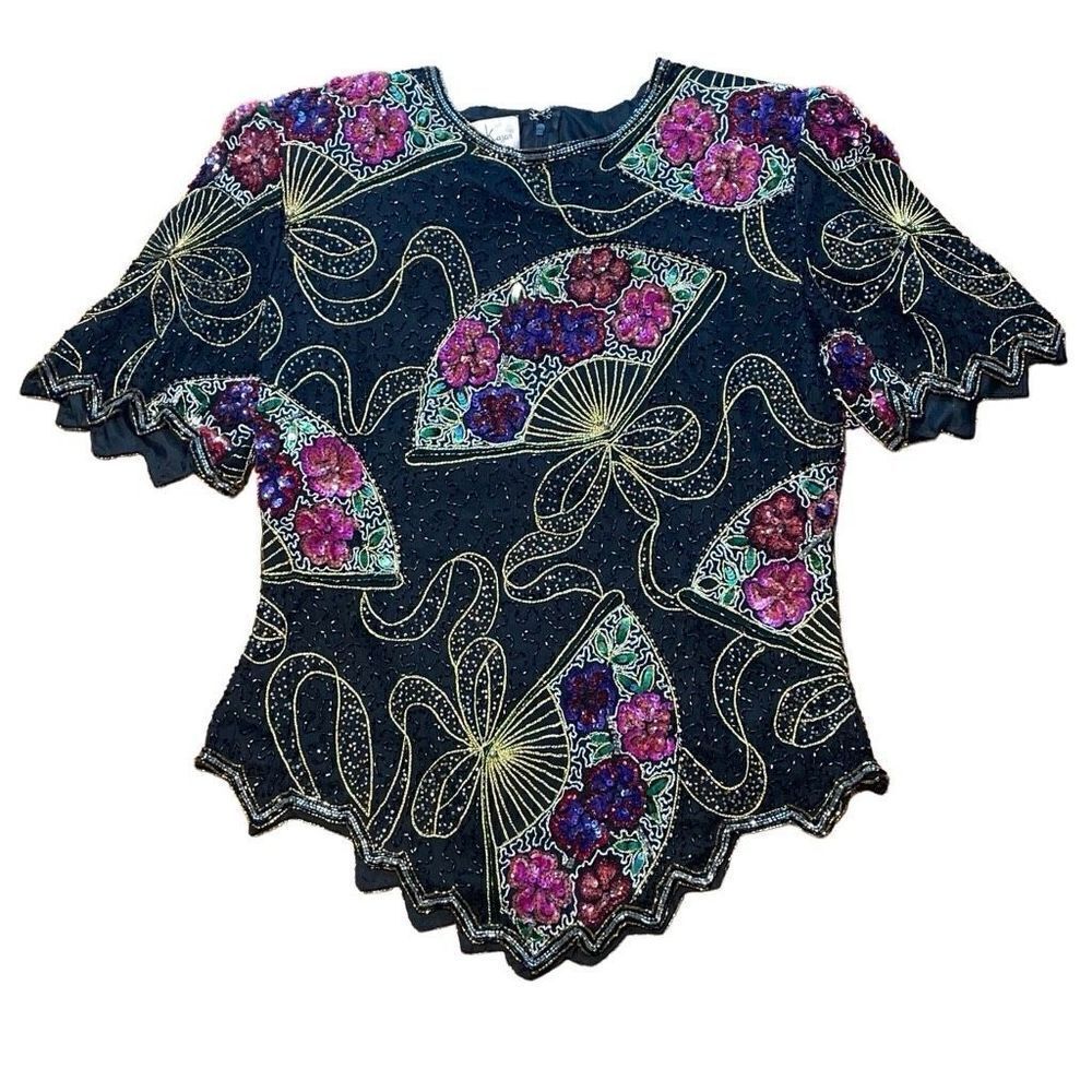 Laurence Kazar vintage beaded glam silk special occasion party top L